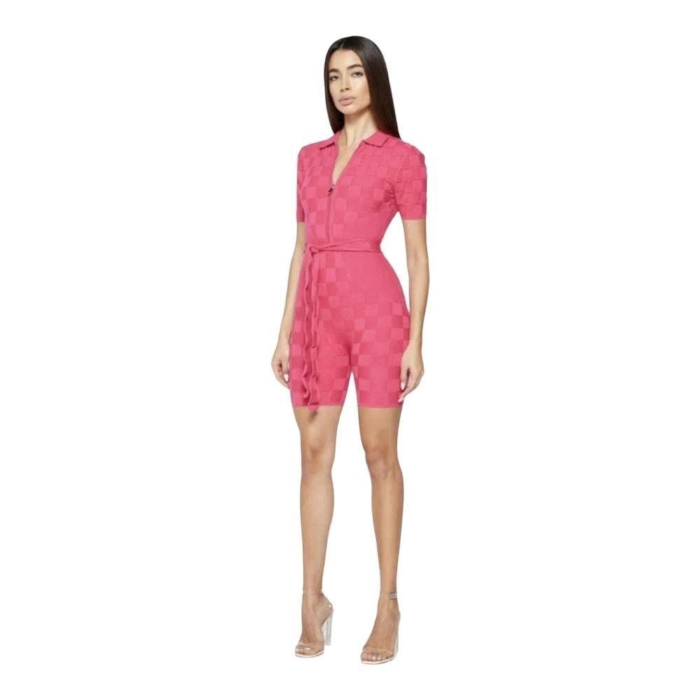 Manière de Voir Pink Chequerboard Knit Playsuit Romper Sz S Zip Front